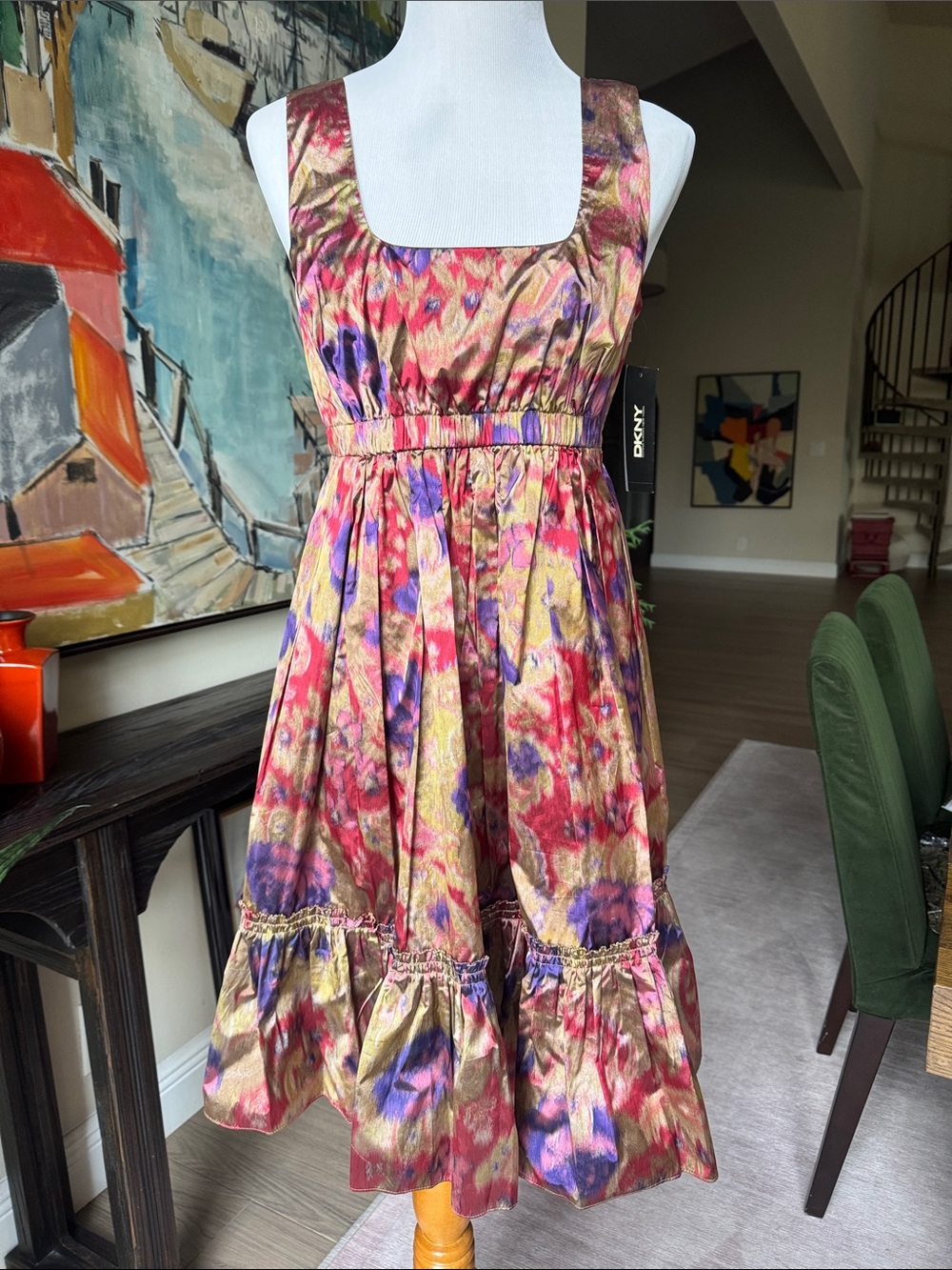 DKNY Metallic Floral Tiered Midi Dress in Gold, Pink & Purple